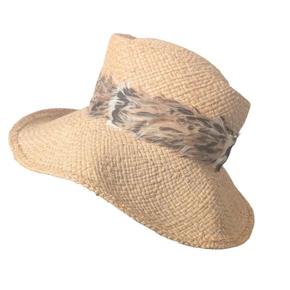 Vintage Woven Straw Bucket Hat Pheasant Feather Band Boho Mid Century Sun Hat